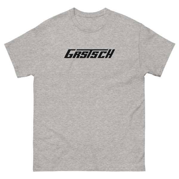 A heather gray t-shirt with the word “Grstsch” printed in black stylized font across the chest.
