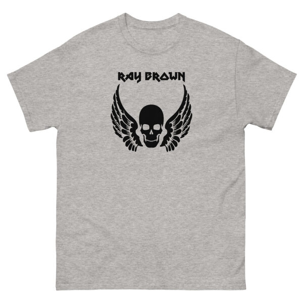 Athletic heather unisex tee, front view with same black winged skull and "Ray Brown" branding.