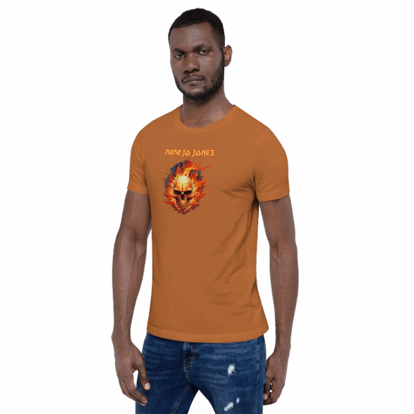 Burnt orange T-shirt worn by a male model facing forward, featuring the text "PAPA JA JONES" in orange above a central flaming skull design.