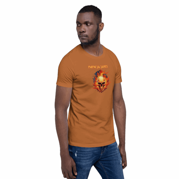 Burnt orange T-shirt worn by a male model facing left, with the text "PAPA JA JONES" above a flaming skull graphic, centered on the front.