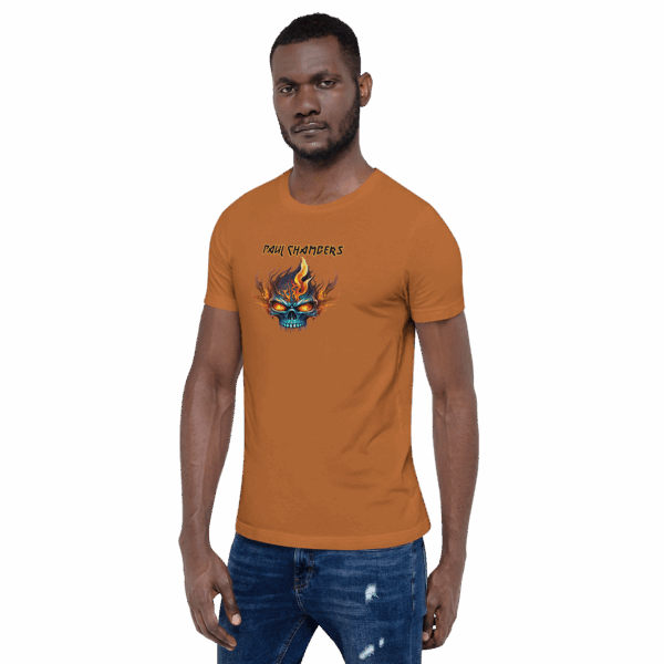 Man facing forward in an orange-brown t-shirt featuring a bold flaming skull and “Paul Chambers” text.