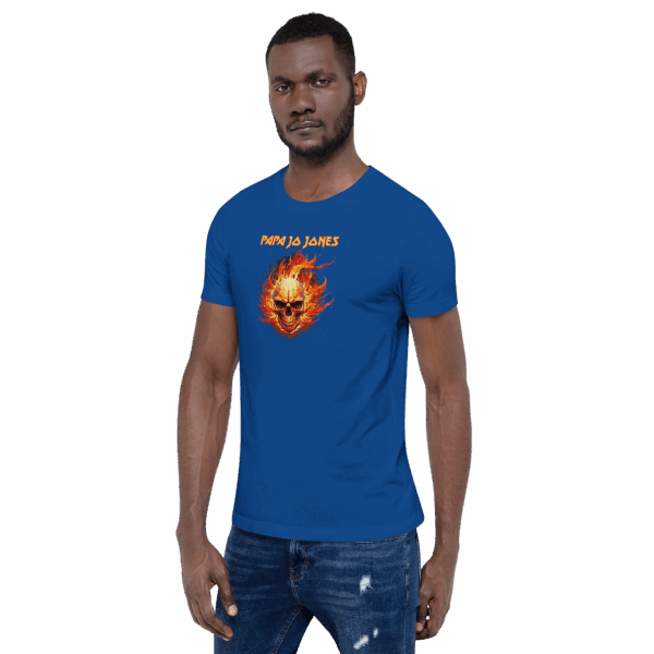 Royal blue fitted t-shirt, angled front view on model, with flaming skull and orange "Papa Ja Jones" text.