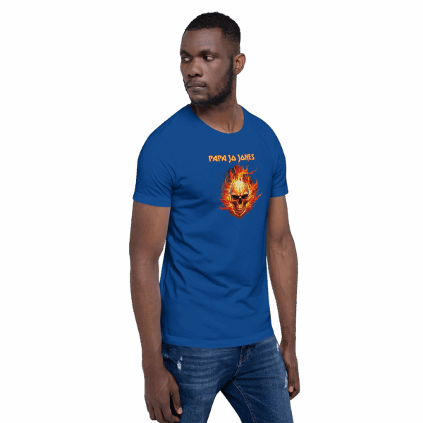 Royal blue fitted t-shirt, angled side view on model, with flaming skull and orange "Papa Ja Jones" text.
