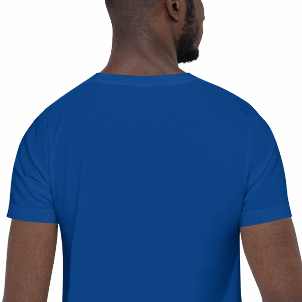 Royal blue fitted t-shirt, back view on model, no graphic or text.