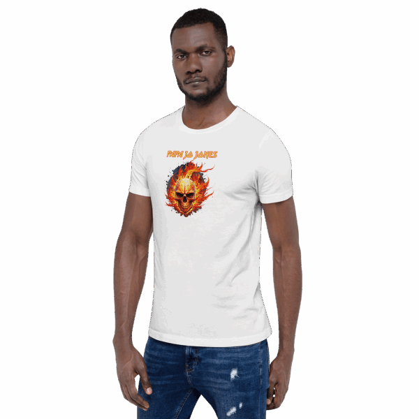 White fitted t-shirt, angled front view on model, with flaming skull and orange "Papa Ja Jones" text.