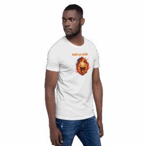 White fitted t-shirt, angled side view on model, with flaming skull and orange "Papa Ja Jones" text.