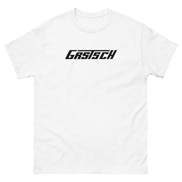 White t-shirt featuring the word “Gretsch” in bold, angular black typography centered on the chest, laid flat with no model.