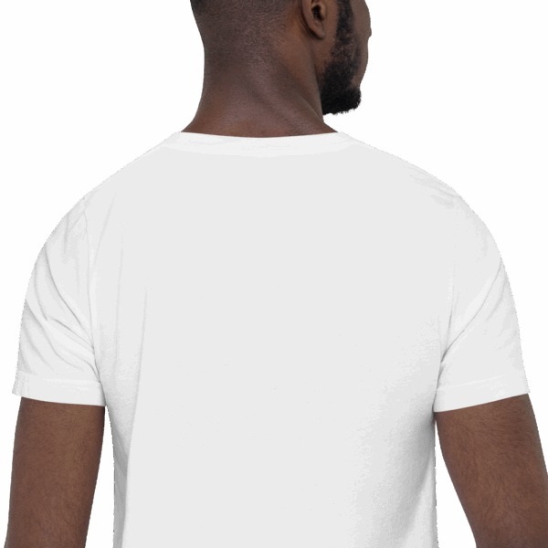 Back view of a plain white t-shirt worn by a man, showing only the upper back and shoulders.