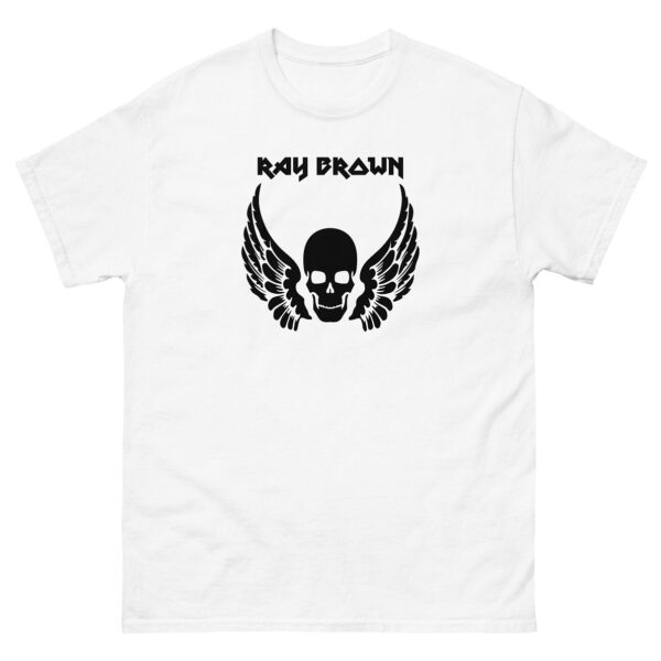 White unisex tee, front view featuring a black skull with wings graphic and "Ray Brown" text.